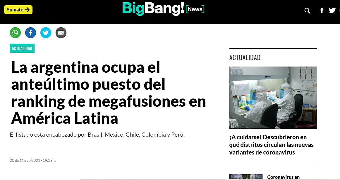 La argentina ocupa el anteltimo puesto del ranking de megafusiones en Amrica Latina